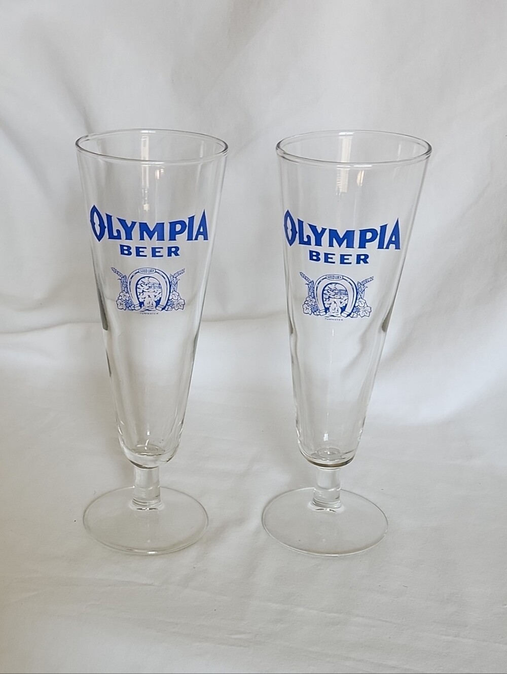 Vintage Fluted Olympia Beer Pilsner Bar Glasses Painted Classic Logo Set of 2